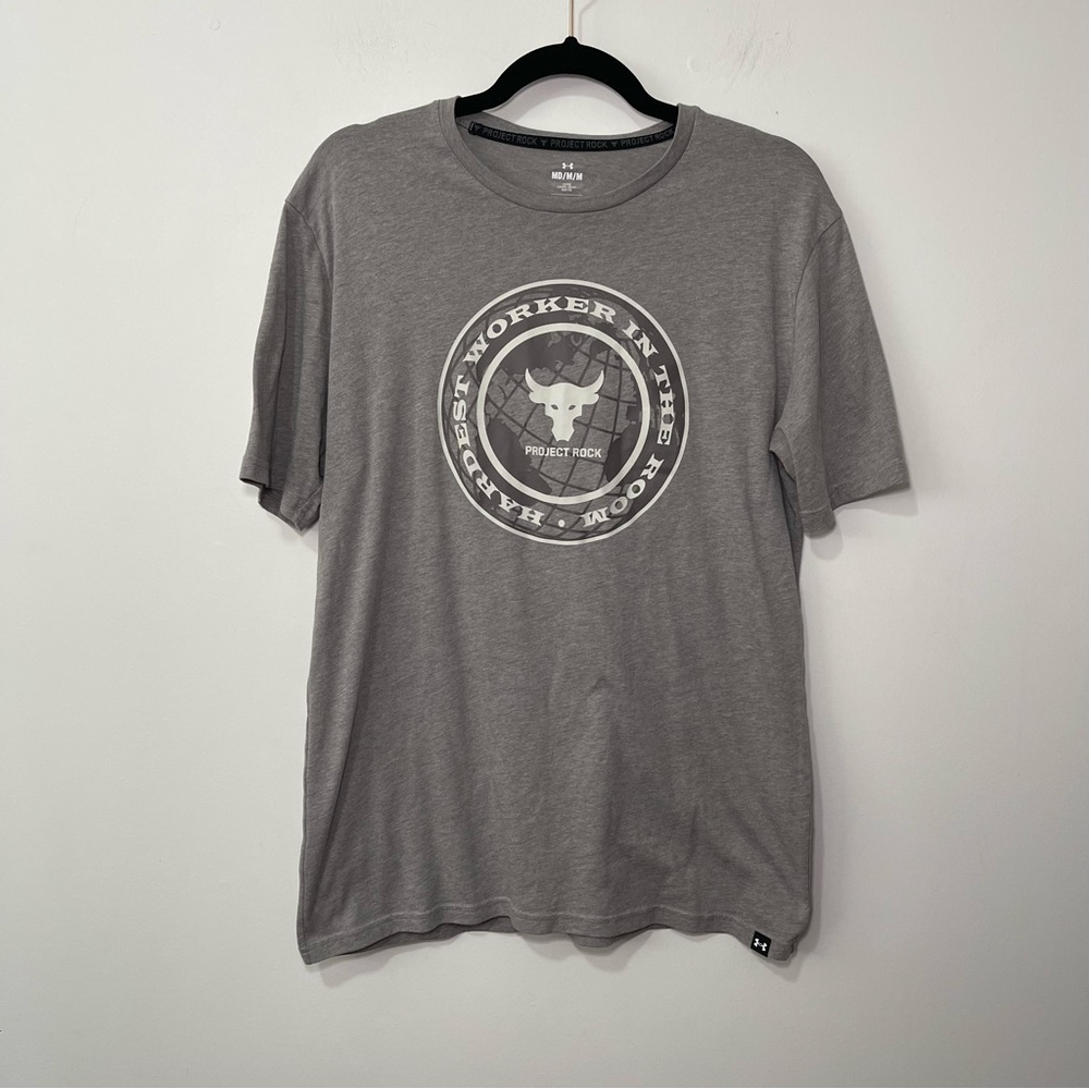 *Sold*
Under Armour Project Rock Men’s Gray Graphic T shirt M “Hardest Worker” - Picture 2 of 10